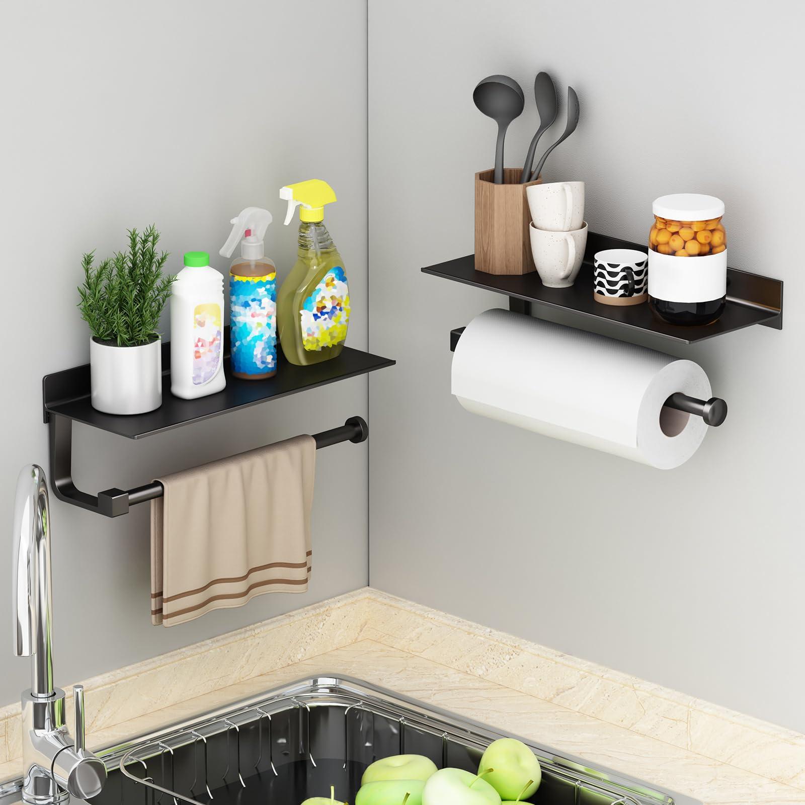 Danpoo Wall Mount Paper Towel Holder with Shelf for Bathroom/Kitchen, Adhesive Hand Towel Holder, Matte Black - Image 4