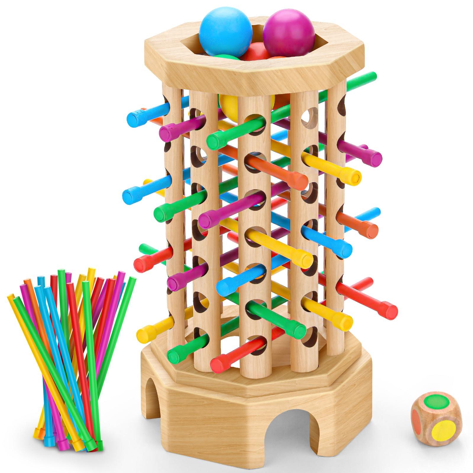 Montessori Wooden Board Game for Kids 3-6 Years - Educational Learning Toy with Colorful Sticks, Dice& Balls - Fine Motor Skills, Classic Tower Games for Family Night - Gift for Toddlers Boys Girls