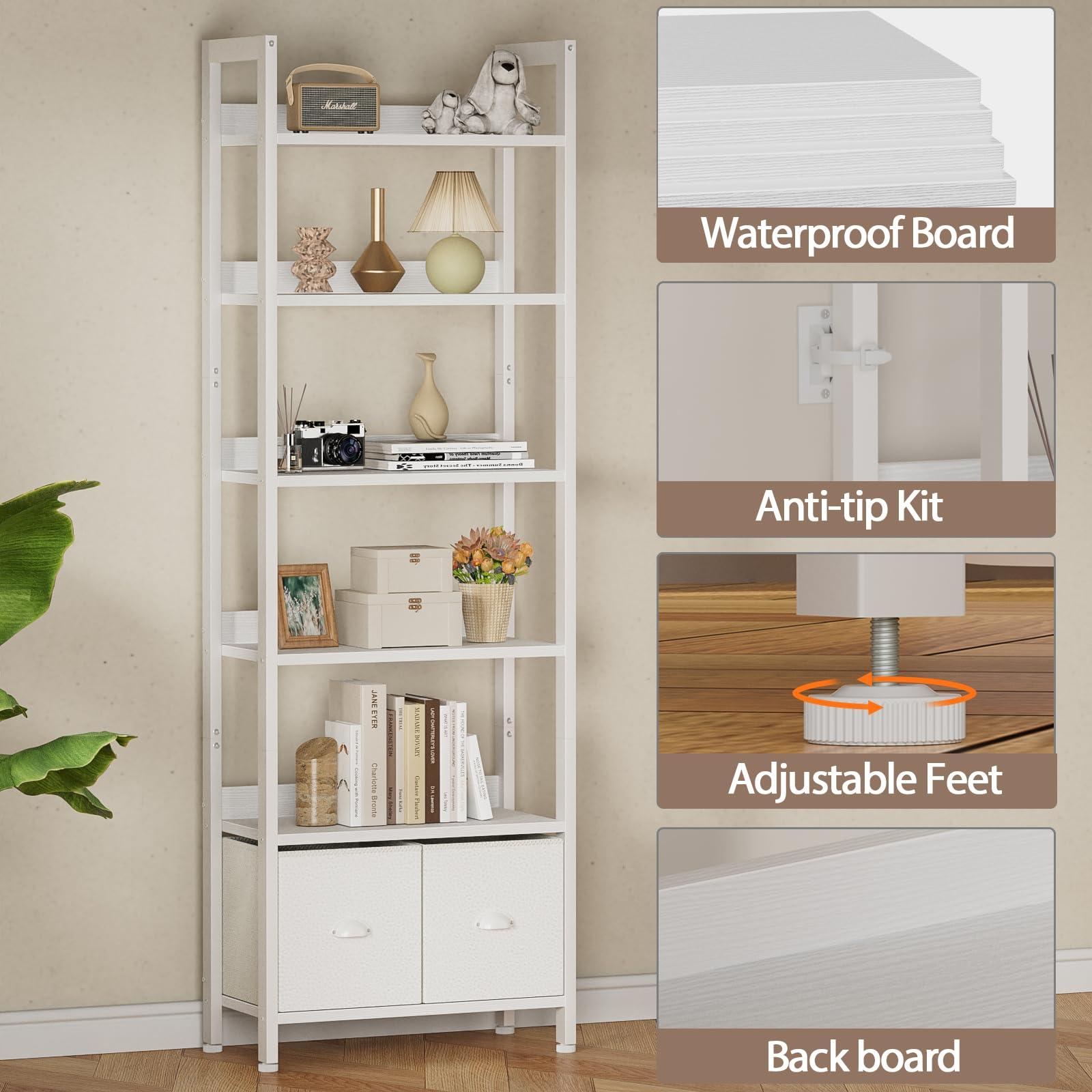 Furologee White 6 Tier Bookshelf with Drawers, Tall 71" Bookcase with Shelves, Modern Wood and Metal Bookshelves Storage Organizer, Display Free Standing Shelf Unit for Bedroom, Living Room, Office - Image 4