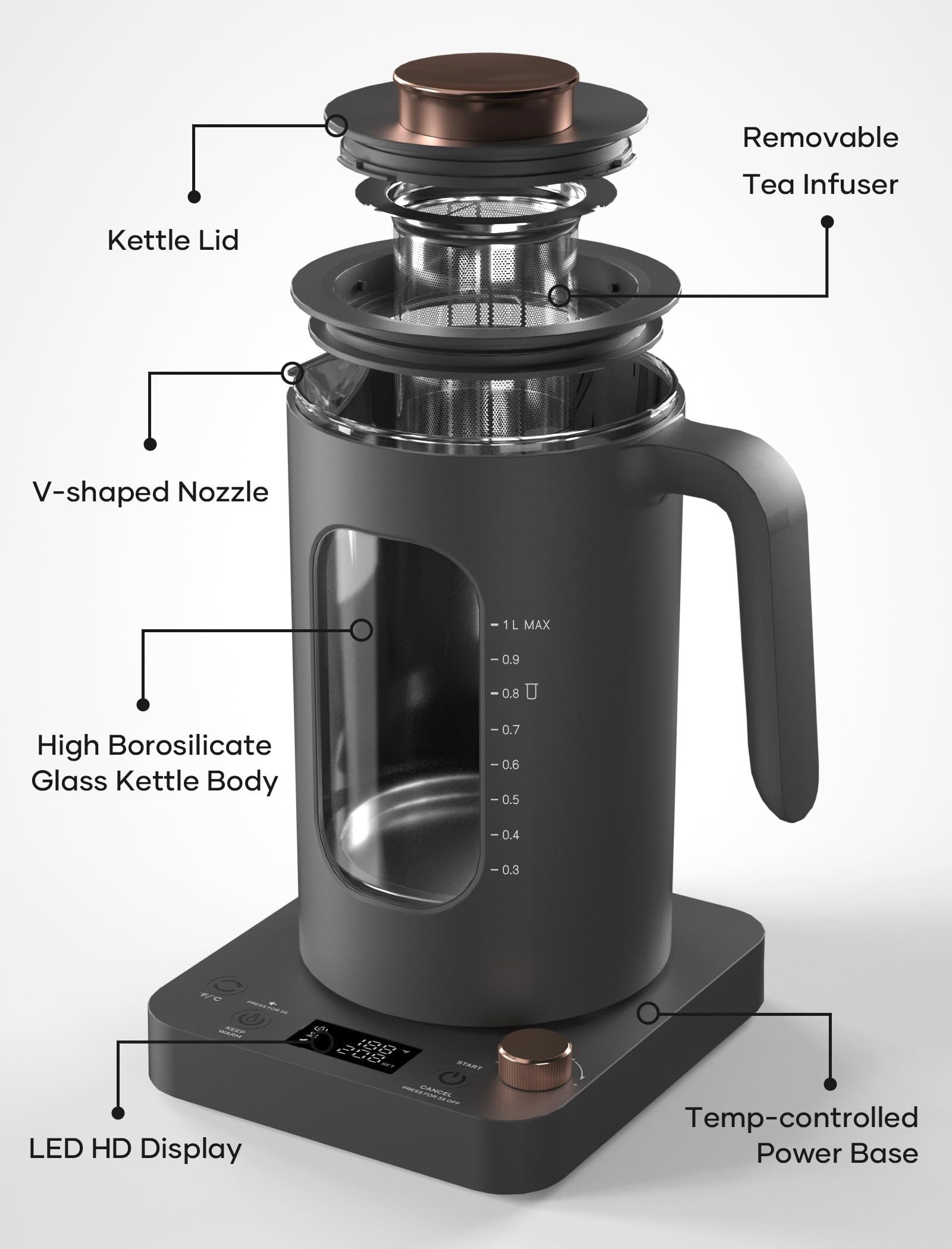 Electric Tea Kettle, INTASTING Glass Electric Kettle with tea Infuser and Precise knob temperature control, 1200W Fast Heating, BPA-Free, Easy to Clean, for Tea and coffee, 1 Liter (Dark Gray) - Image 4