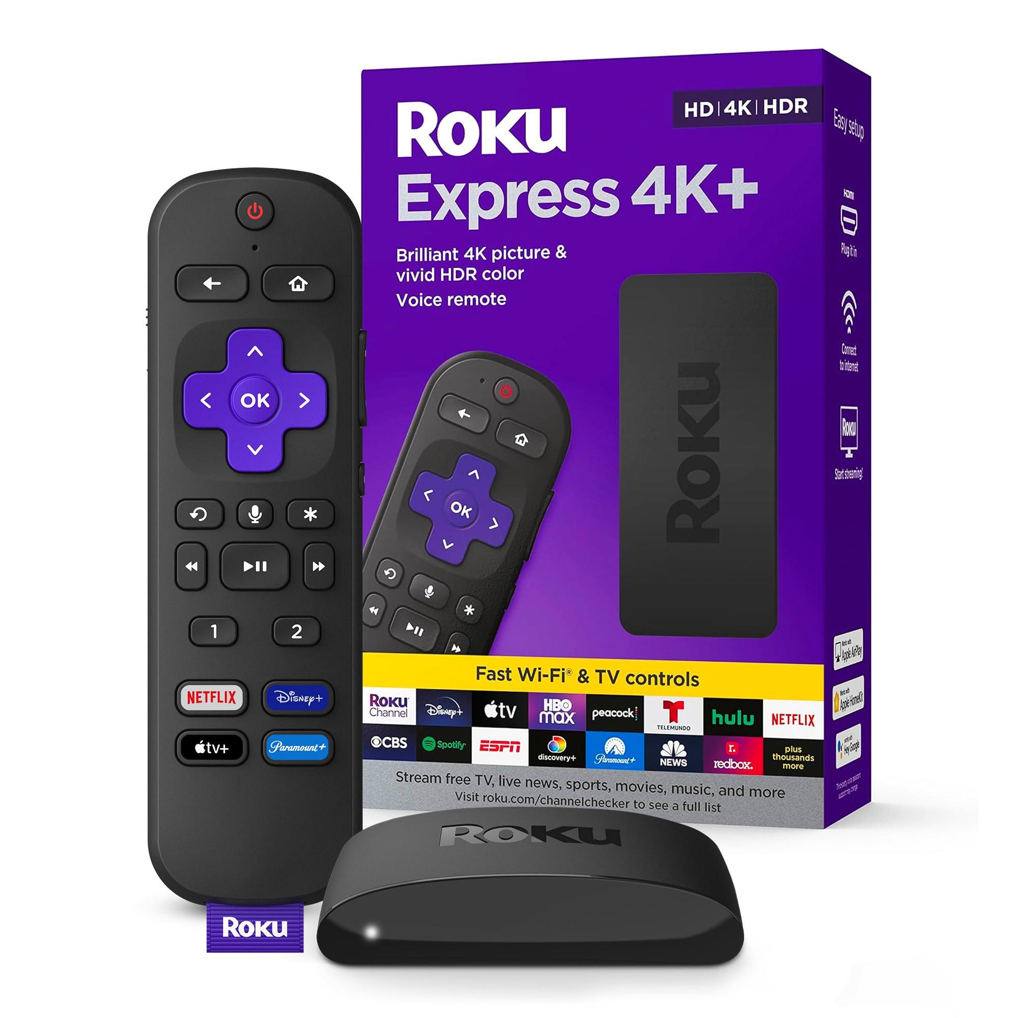 Roku Express 4K+ | Roku Streaming Device 4K/HDR with Voice Remote, Free & Live TV