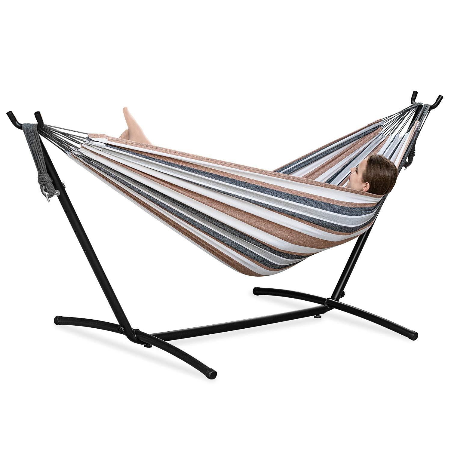 PNAEUT Double Hammock with Space Saving Steel Stand Included 2 Person Heavy Duty Outside Garden Yard Outdoor 450lb Capacity 2 People Standing Hammocks and Portable Carrying Bag (Coffee) - Image 7