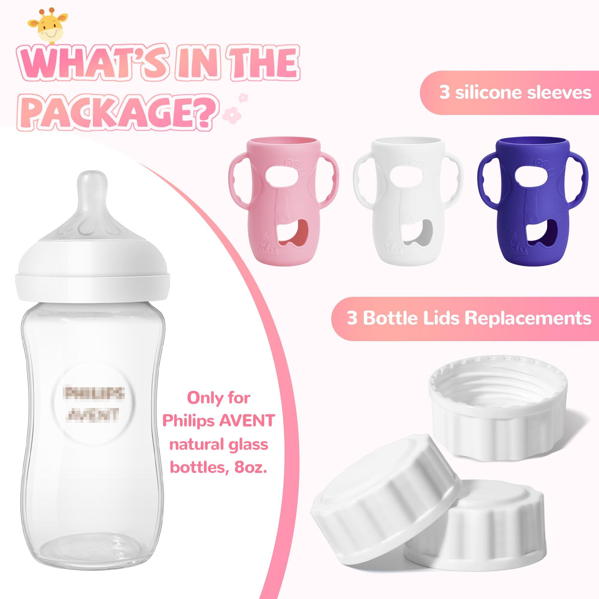 3 Pack Silicone Sleeves for Philips Avent Natural Glass Baby Bottle, Food Grade Silicone Cover and 3pcs Travel Caps, Lids Replacement (White+Pink+Purple, 8oz) - Image 3