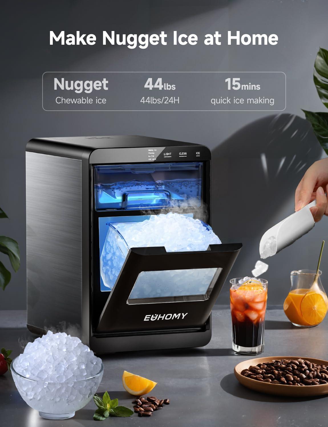 EUHOMY Nugget Ice Maker Countertop, 44Lbs/24H Pebble Ice Maker Machine, Self-Cleaning Pellet Ice Machine with Ice Scoop&Basket, Sonic Countertop Ice Machine for Home/Kitchen/Office(Black) - Image 2