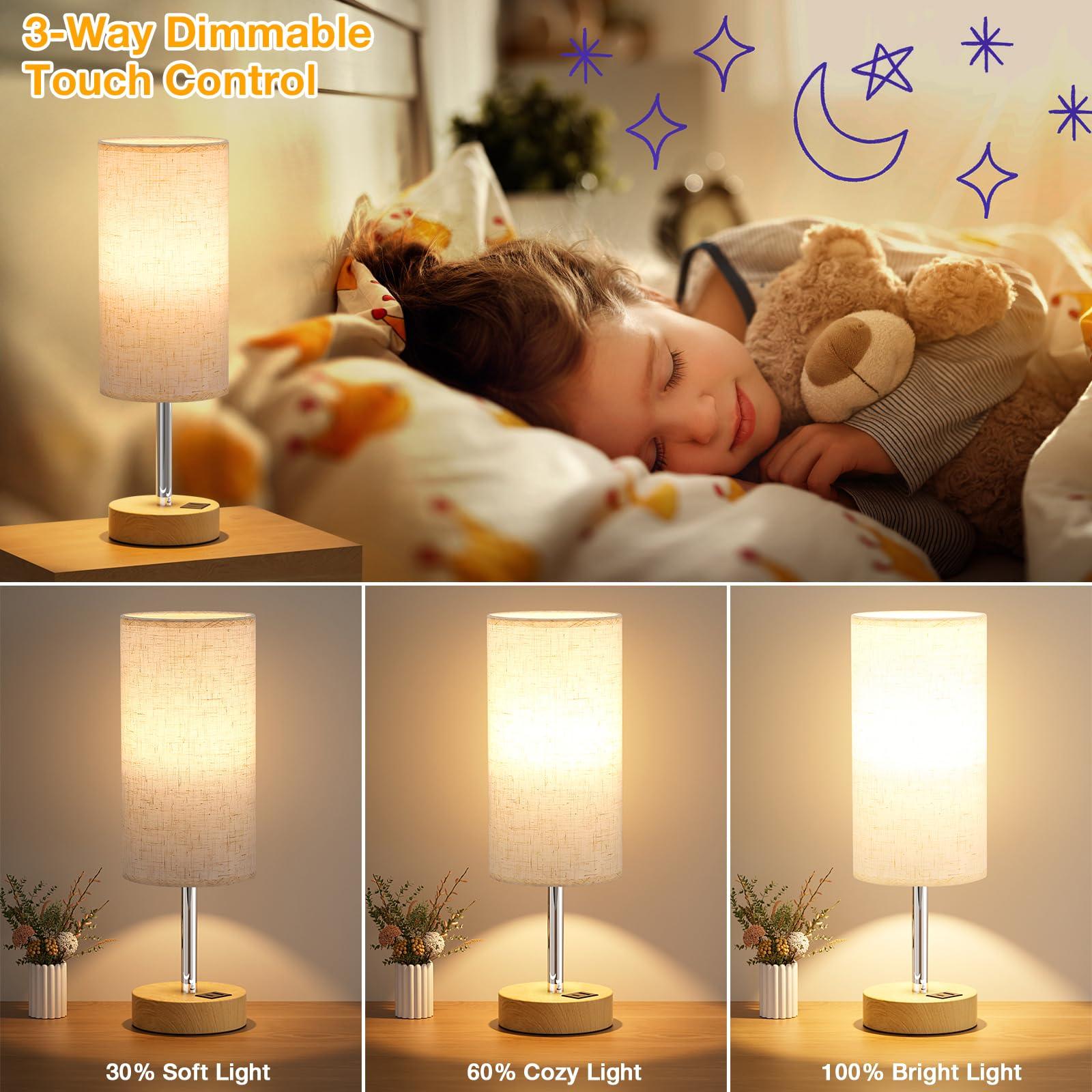 Touch Bedside Table Lamp with USB - 3 Way Dimmable Wood Lamp for Bedroom Nightstand, Desk Lamp with Charging Station for Dorm, Living Room, Office, Kids Room, Nursery, Small - Image 3