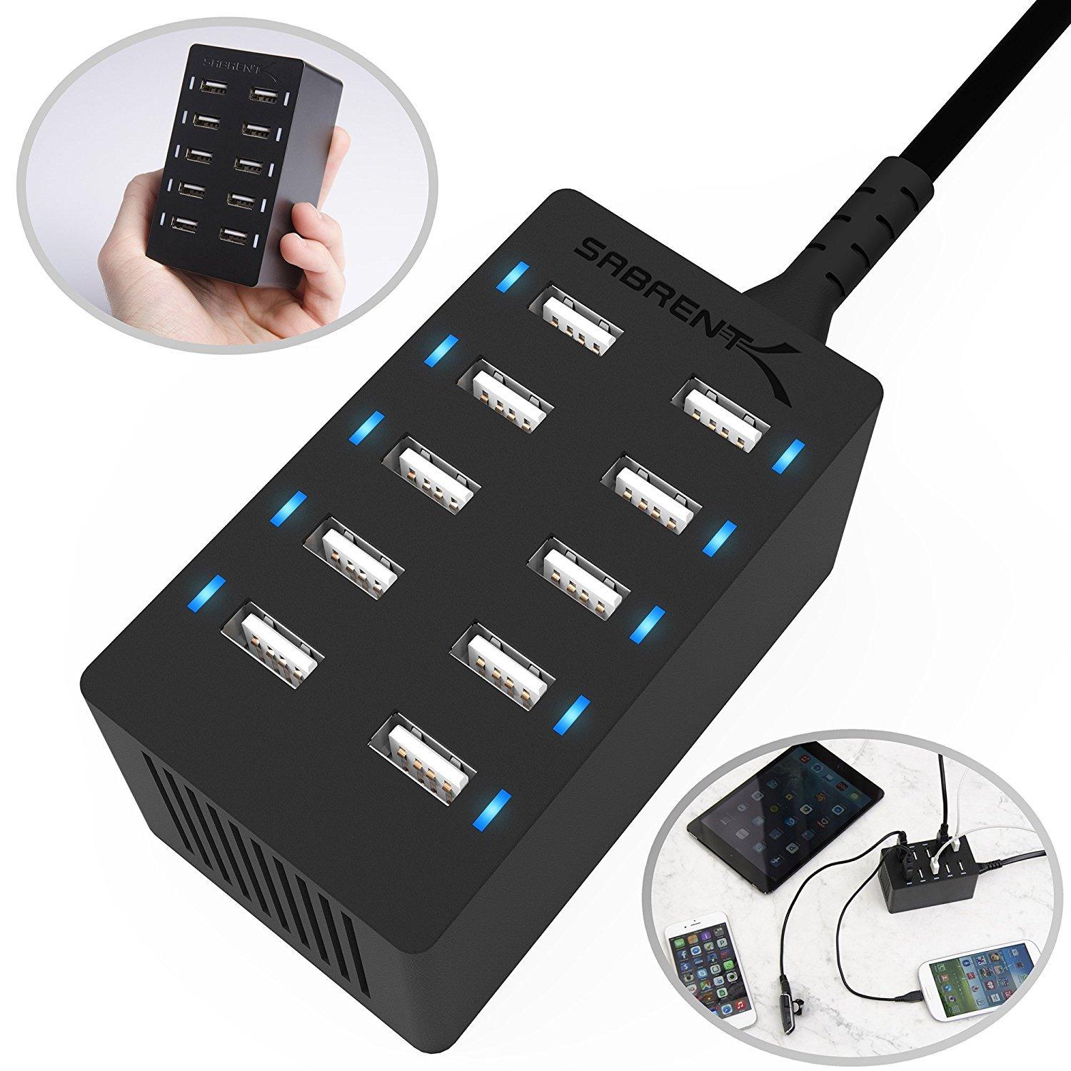 Sabrent 60 Watt (12 Amp) 10-Port [UL Certified] Family-Sized Desktop USB Rapid Charger. Smart USB Ports with Auto Detect Technology [Black] (AX-TPCS) - Image 2