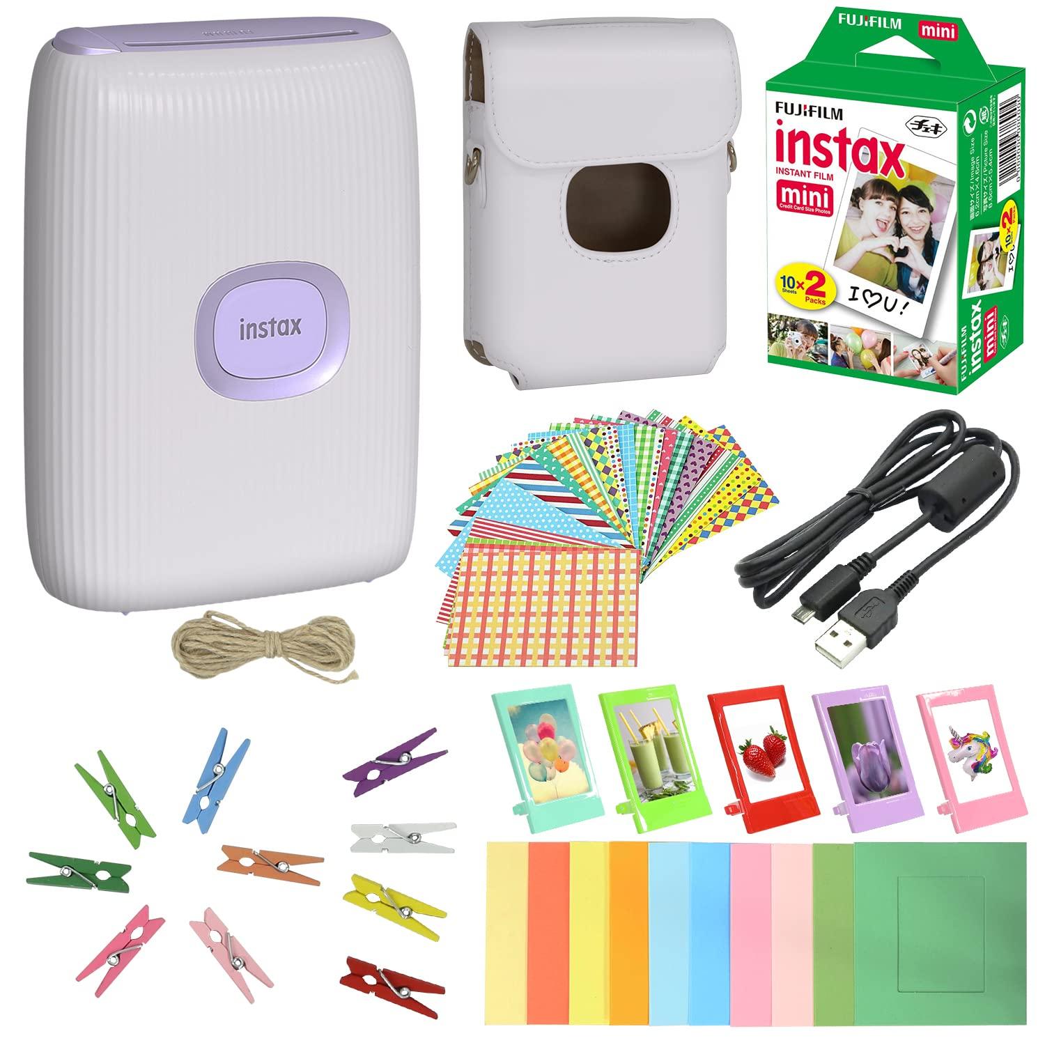 Fujifilm Instax Mini Link 2 Smartphone Printer Clay White + Fuji Instax Film Value Pack 20 Sheets Accessories Bundle with Case + 5 Plastic Desk Frames + 10 Paper Frames Plus 60 Sticker Frames