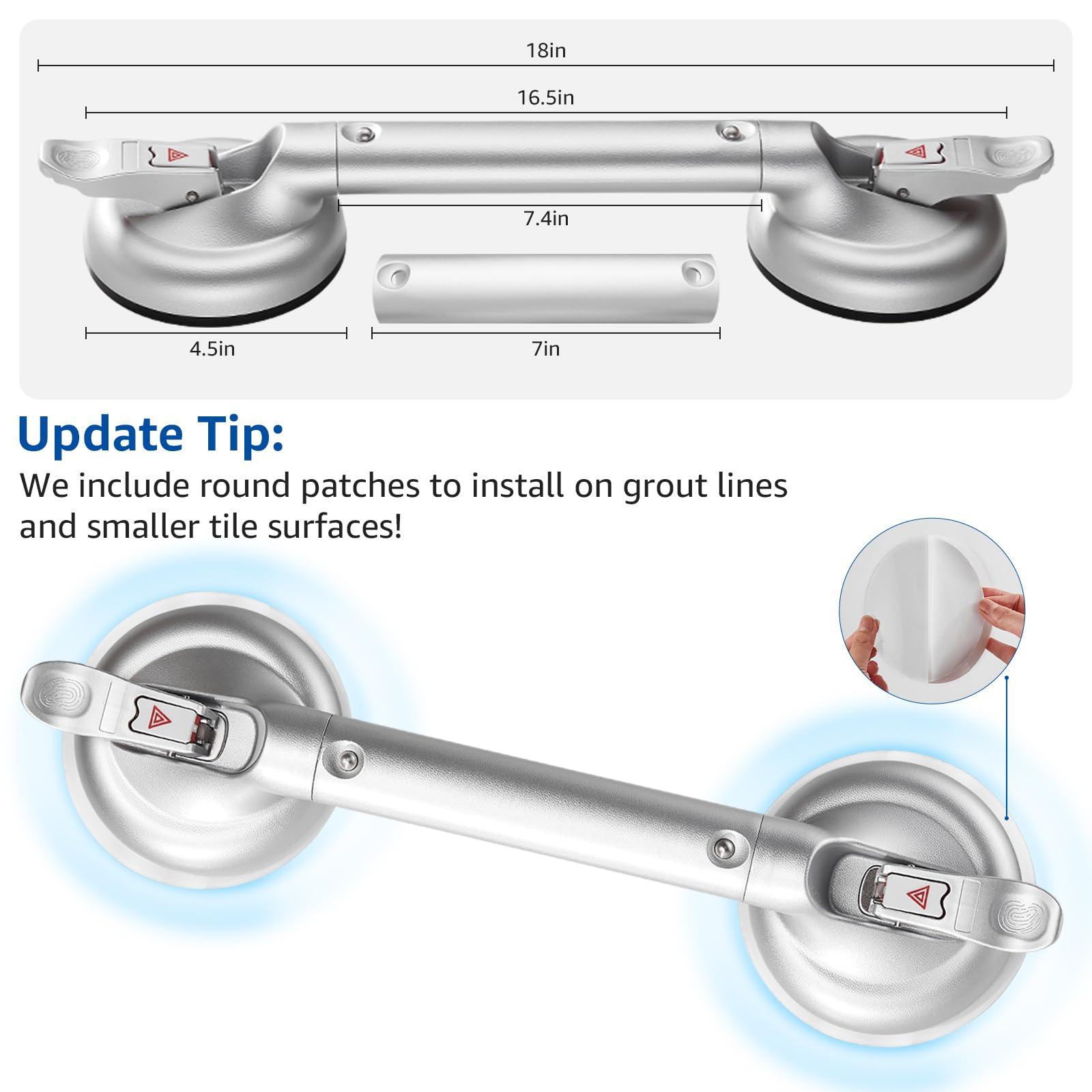 KSITEX Upgrade Shower Handle, Grab Bar for Bathtubs and Showers for Elderly Wall Mount, Heavy Duty Strong Suction Cup with Patches Support 200LB 16inch Silver - Image 5