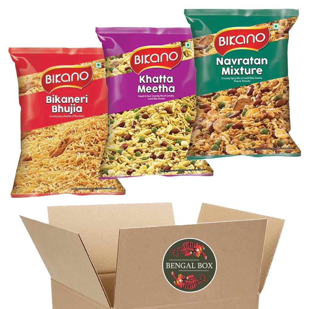BENGAL BOX Bikano Premium Indian Snack Variety Set (3 Namkeen Packs of 150g Each) - Bikaneri Bhujia, Navratan Mixture, Khatta Meetha/Indian Grocery Snack Food