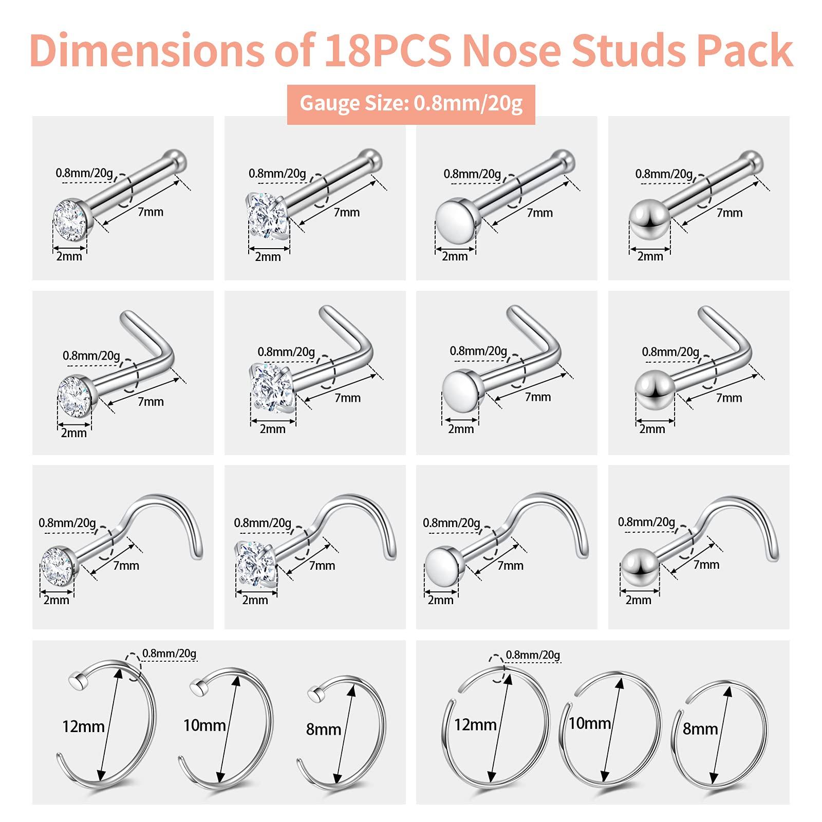 Surgical Steel Nose Piercing Jewelry - 20G & 18G Nose Rings & Studs, Hoops 8mm-12mm, CZ Diamond 1.5mm-3mm, L-Shaped & Hoop Styles for Women & Men - Image 6