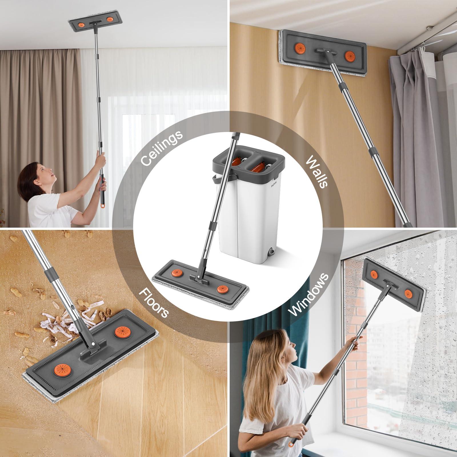 Mop and Bucket with Wringer Set for Home,61" Flat Mop and Bucket System for Floor Cleaning,Wet Dry Mop Window Wall Cleaner with Long Handle,Floor Mop with 4 Washable Microfiber Pads - Image 9