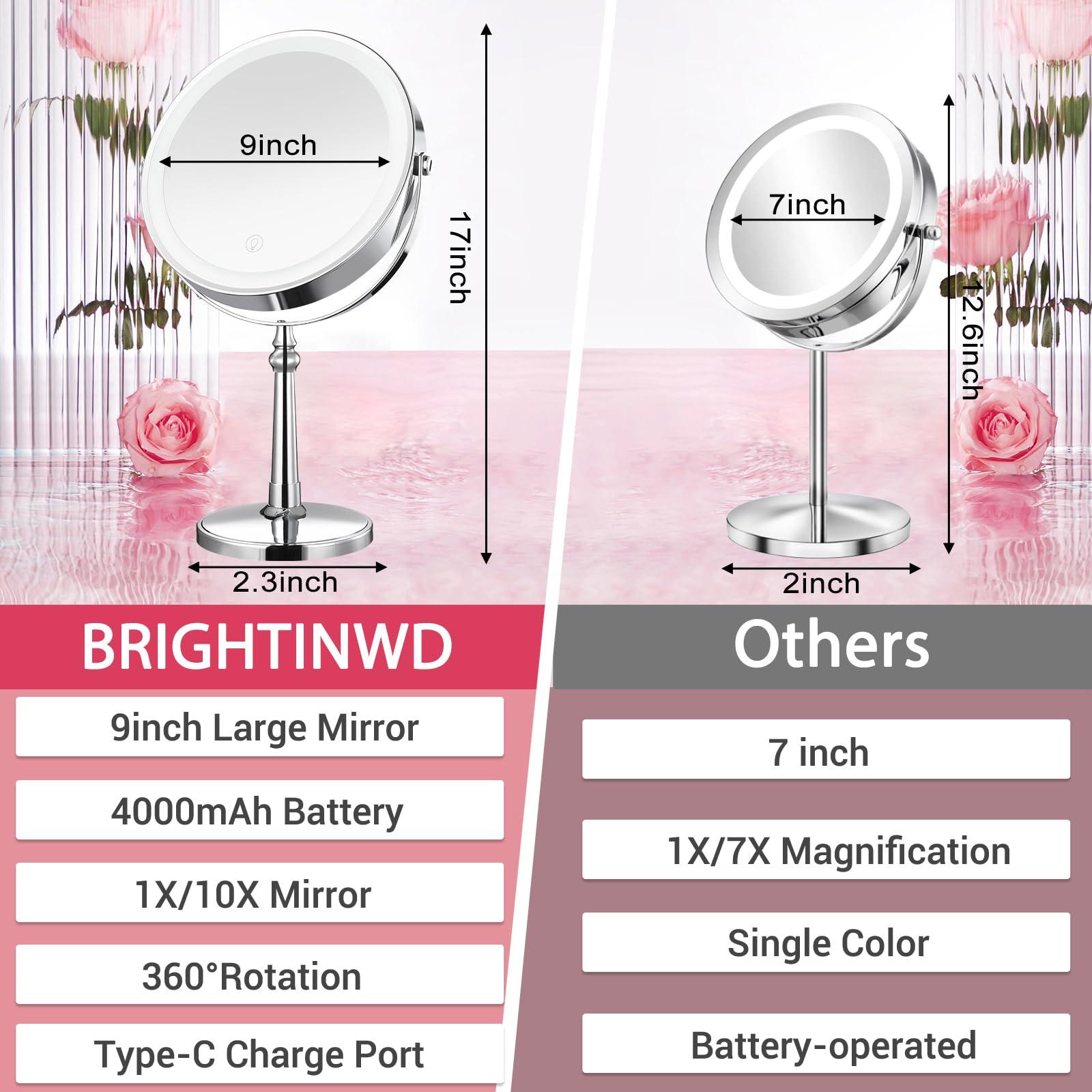 BRIGHTINWD 9" Large Lighted Makeup Mirror, 1X/10X Magnifying Mirror with Lights, 360 Rotate Touch Screen Vanity Light up Mirror with 3 Color Lights, Brightness Adjustable - Image 6