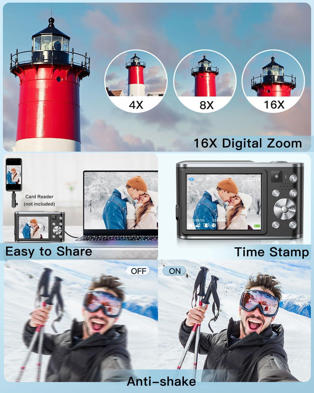 Digital Camera, 4K Autofocus Vlogging Selfie Camera with Front and Rear Dual Lenses, 32GB Card, 16X Zoom, Anti-Shake, 48MP Compact Portable Point and Shoot Digital Camera for Kid Teen Beginner(Black) - Image 7