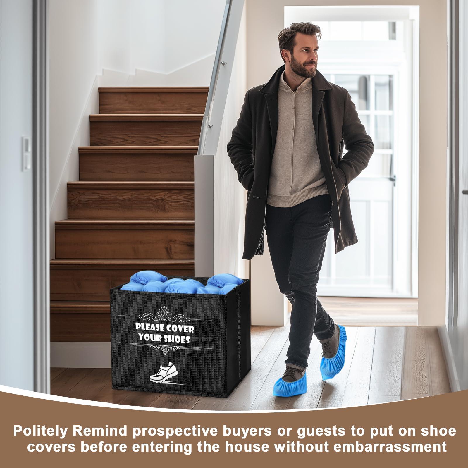 2 Pcs Shoe Covers Box, Foldable Shoe Cover Dispenser for Open House, Real Estate Agent Realtor Supplies, Please Cover or Remove Your Shoes and Used Covers Sign Entryway Basket Storage Bins Set - Image 5