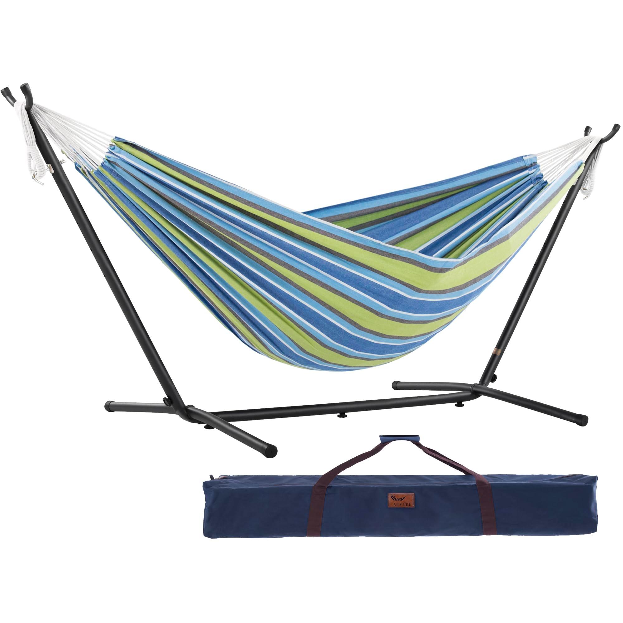 Vivere Double Cotton Hammock with Space Saving Steel Stand, Upgraded Polyester End Strings 450 lb Capacity - Premium Carry Bag Included - USA Grown Cotton (Oasis)