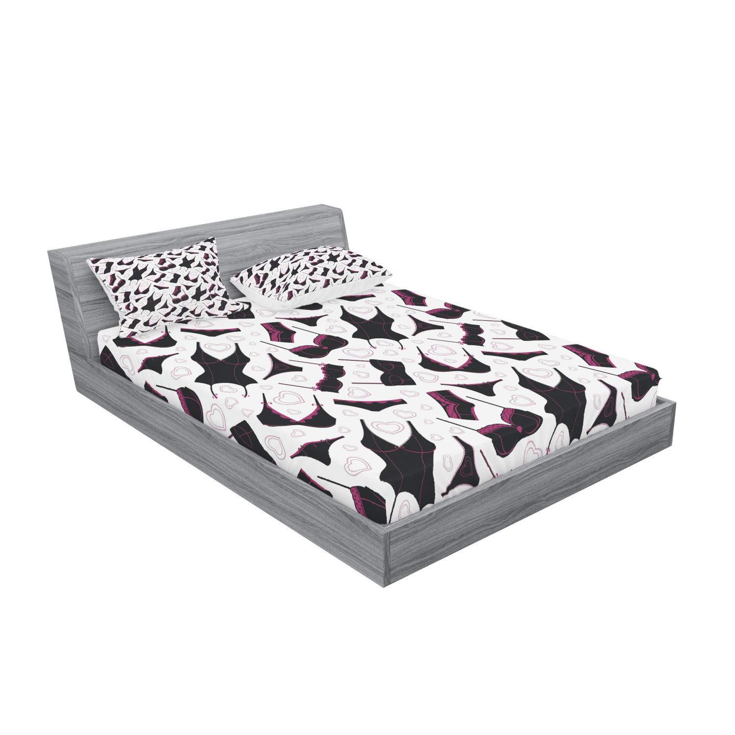 Ambesonne Retro Fitted Sheet & Pillow Sham Set, Lingerie Pattern Brassiere and Panties with Hearts Women`s Fashion Underwear, Decorative Printed 3 Piece Bedding Decor Set, Full, Black Fuchsia White - Image 2