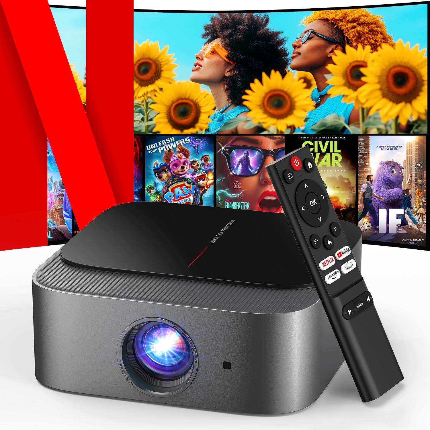 [2025 Netflix-Official | 386+ Built-in Apps] DBPOWER E2 Smart Projector with WiFi and Bluetooth, Mini Projector 4K Support with Netflix, Youtube, Disney+, Hulu, Max, Crunchyroll w Portable Case