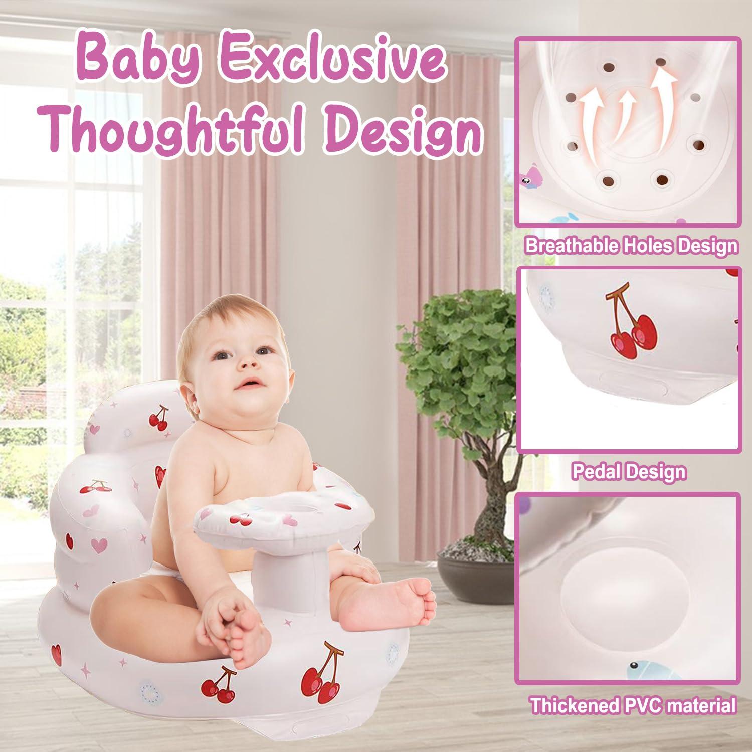 Inflatable Baby Seat for Babies Toddlers Floor Chair Sitting Up Pump Blow Up for Infant Ages 3 6 12 18 24 36 Months Boys Girls Portable Sofa Toys Activity (Lovely Cherry) - Image 3