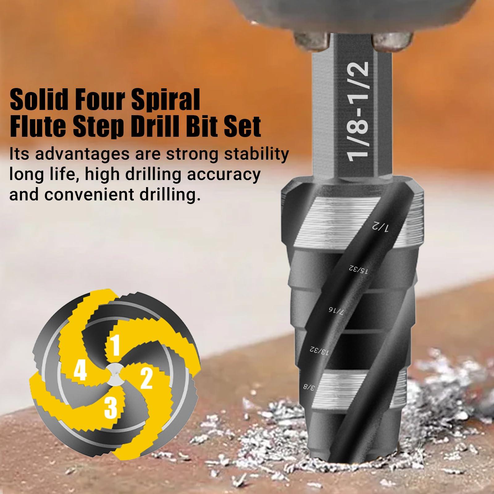 KAKILFOB Four Spiral Flute Step Drill Bit Set, 5 Pieces 1/8"-1-3/8" HSS Unibit Step Drill Bit, 1/4" and 3/8" Shank Step Bits for Metal, Aluminum, Wood, Plastic - Image 4