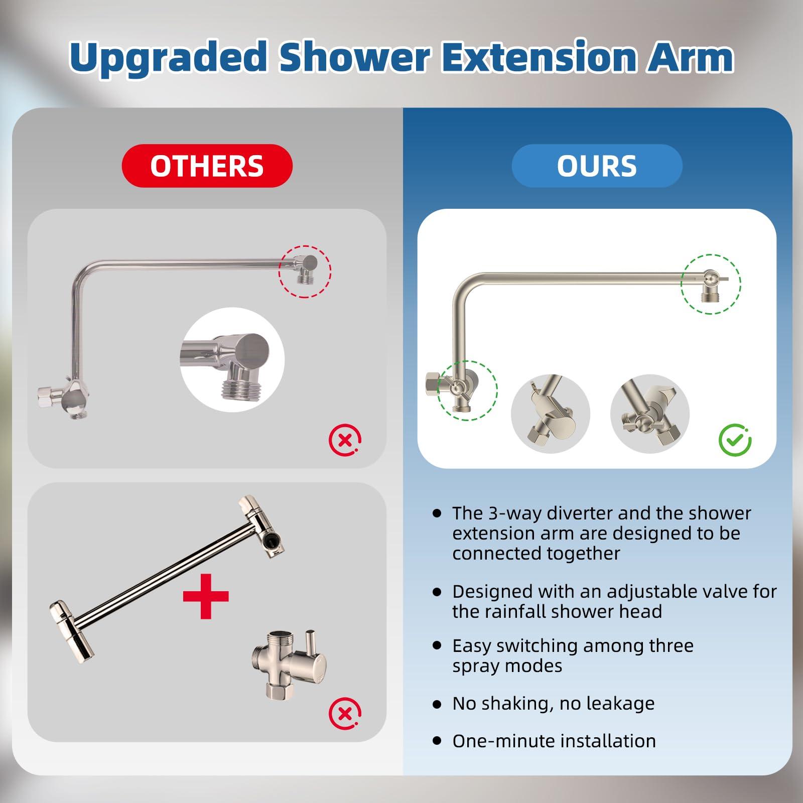 Hygie Rinse 12" All Metal Shower Head, High Pressure 10-Spray Handheld Showerhead Rainfall Shower Head Combo with 11" Adjustable Shower Extension Arm, 71" Hose, Shower Head Holder, Brushed Nickel - Image 5