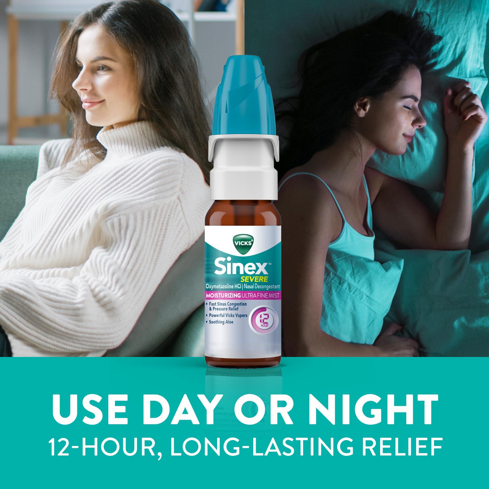 Vicks Sinex Severe Nasal Spray, Moisturizing Ultra Fine Mist with Aloe, Decongestant Medicine, Relief from Stuffy Nose Due to Cold or Allergy, Nasal Congestion & Sinus Pressure Relief, 265 Sprays x 2 - Image 5