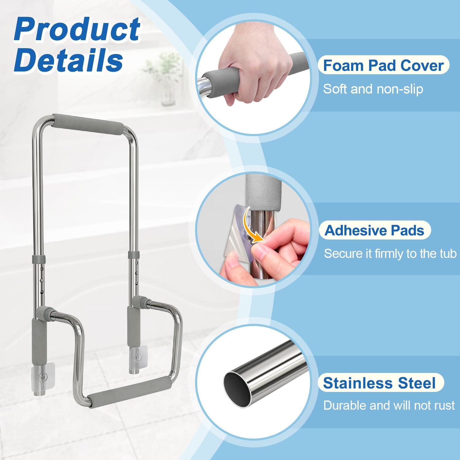 Bath Tub Handles for Seniors Shower Rails Elderly Adults Safety, Bathtub Clamp Grab Bars Helper No Drill, Handicap Bathroom Tub Support Bar Assist Devices, Help Getting Out of Bathtub - Image 4