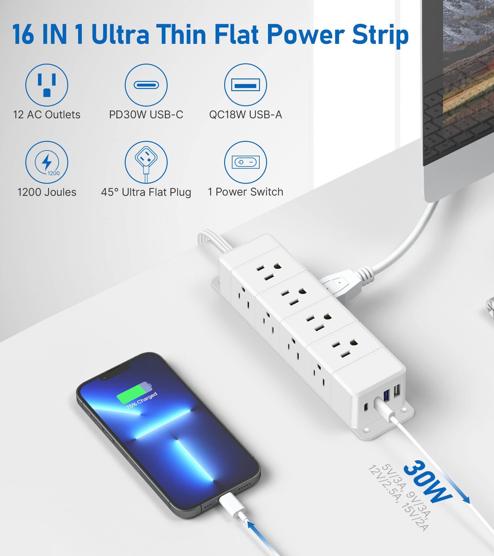 30W USB C Power Strip Surge Protector,Ultra Thin Flat Plug Power Strip 4 Side 12 Outlets,PD Fast Charing,2 USB-C, 2 USB-A(4 USB Total 40W),6ft Slim Extension Cord,16 in 1 Desk Power Bar,1200J White - Image 2