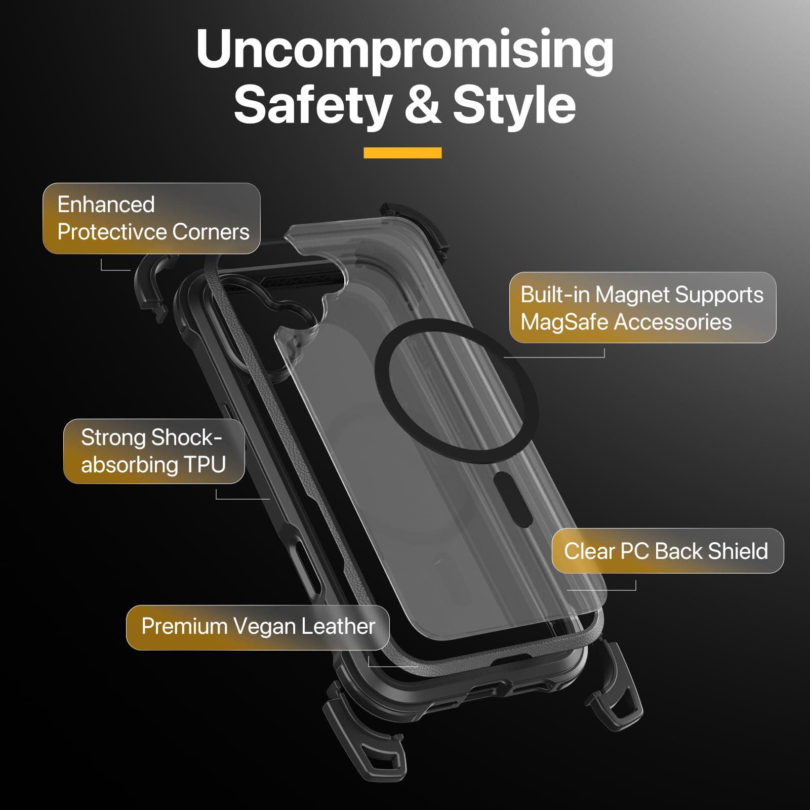 MAGEASY Designed for iPhone 16 Case with Strap - 20ft Ultimate Drop Protection Compatible with MagSafe, Transformable Protective & Lanyard Case, Vegan Leather Frame | Odyssey Strap M (Leather Black) - Image 7