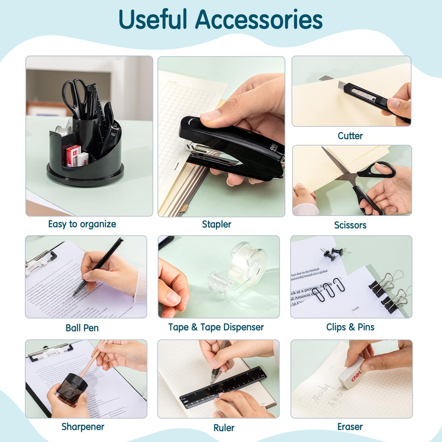 deli Office Supplies Set, 1045 Pcs-Desk Accessory Organizer Kit, Stapler Set, Rotating Multi-Functional Pen Holder, Tape Dispenser, Pens, Binder Clips, Sharpener, Scissor, Eraser, Black - Image 6
