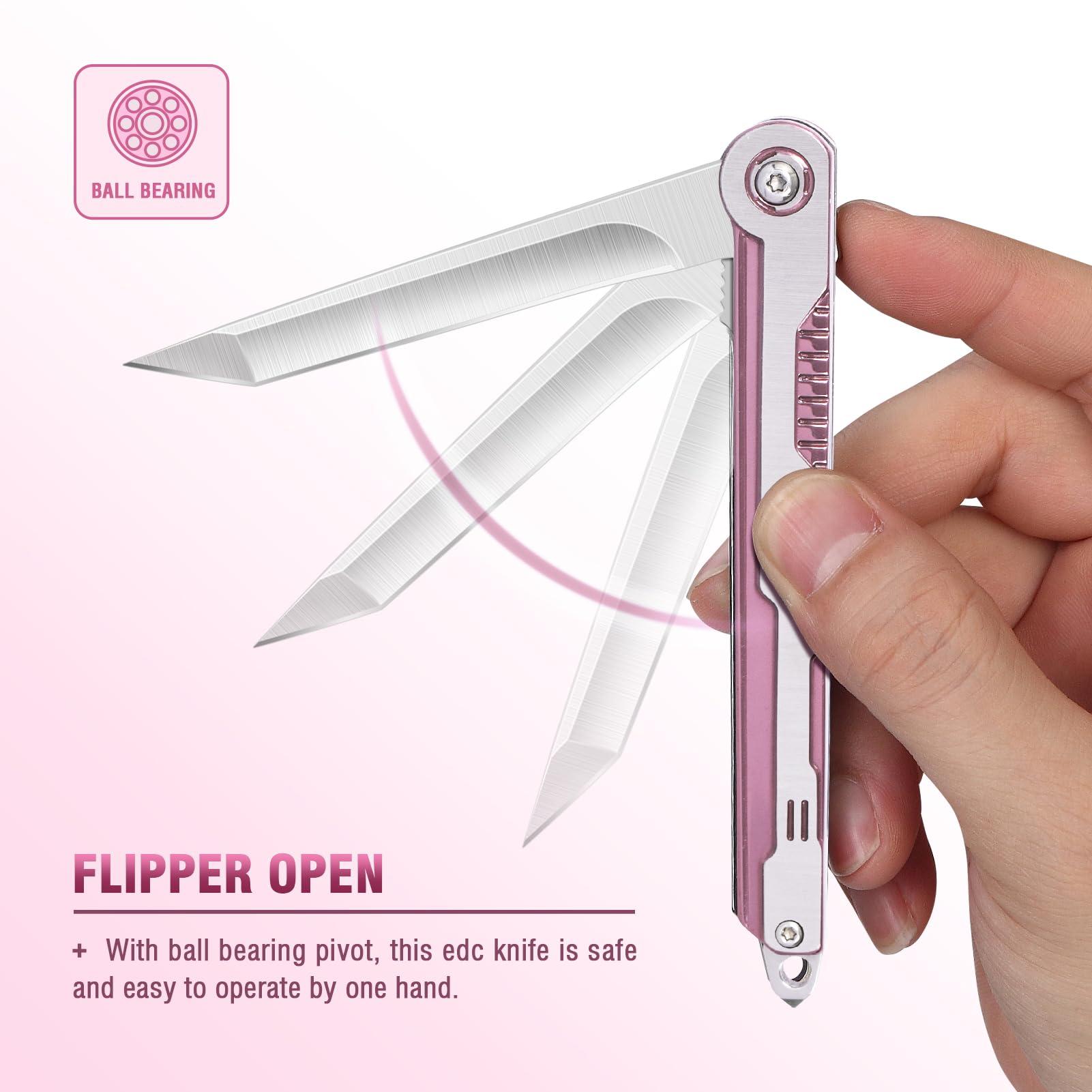 FUNBRO Pink Pocket Knife for Women - Slim EDC Knife with 7CR13Mov Steel Tanto Blade, Clip and Glass Breaker - Womens Knife for Camping - Cute Girl Survival Tool Pocket & Folding Knives - Image 5