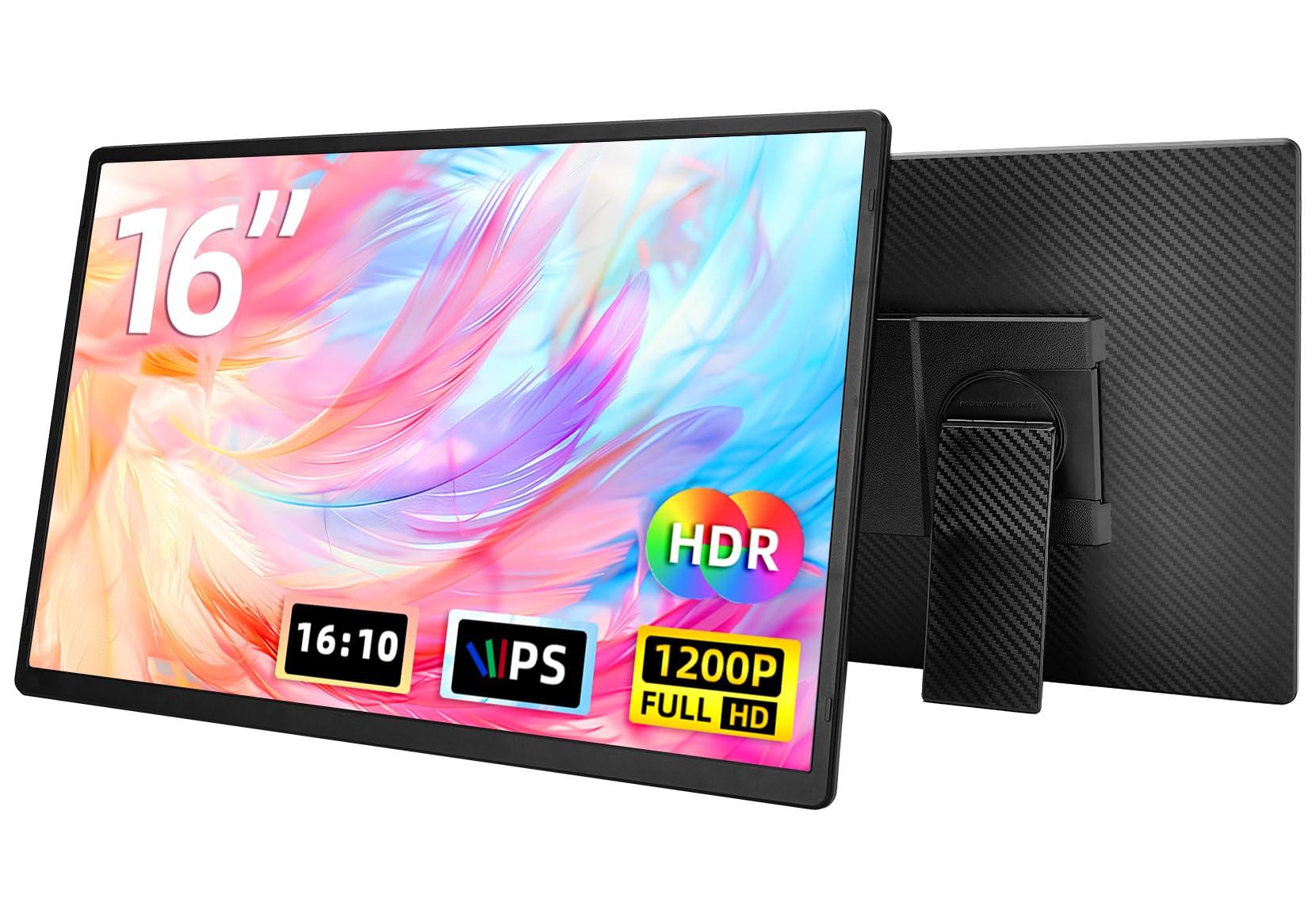 AOKER 16" Portable Monitor for Laptop - 1200P FHD Laptop Screen Extender HDMI USB C Travel External Display with Stand Gaming Monitor for PC MAC Switch Phone Computer Xbox PS4/5
