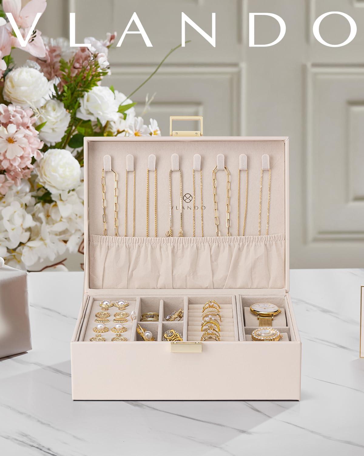 Vlando 2 Layer Jewelry Box Large Jewelry Organizer for Women Removable Jewelery Tray with Watch Pillow for Necklace Earrings Rings Bracelets Jewelry Boxes for Wedding Gifts Bride Gifts(Apricot White) - Image 2