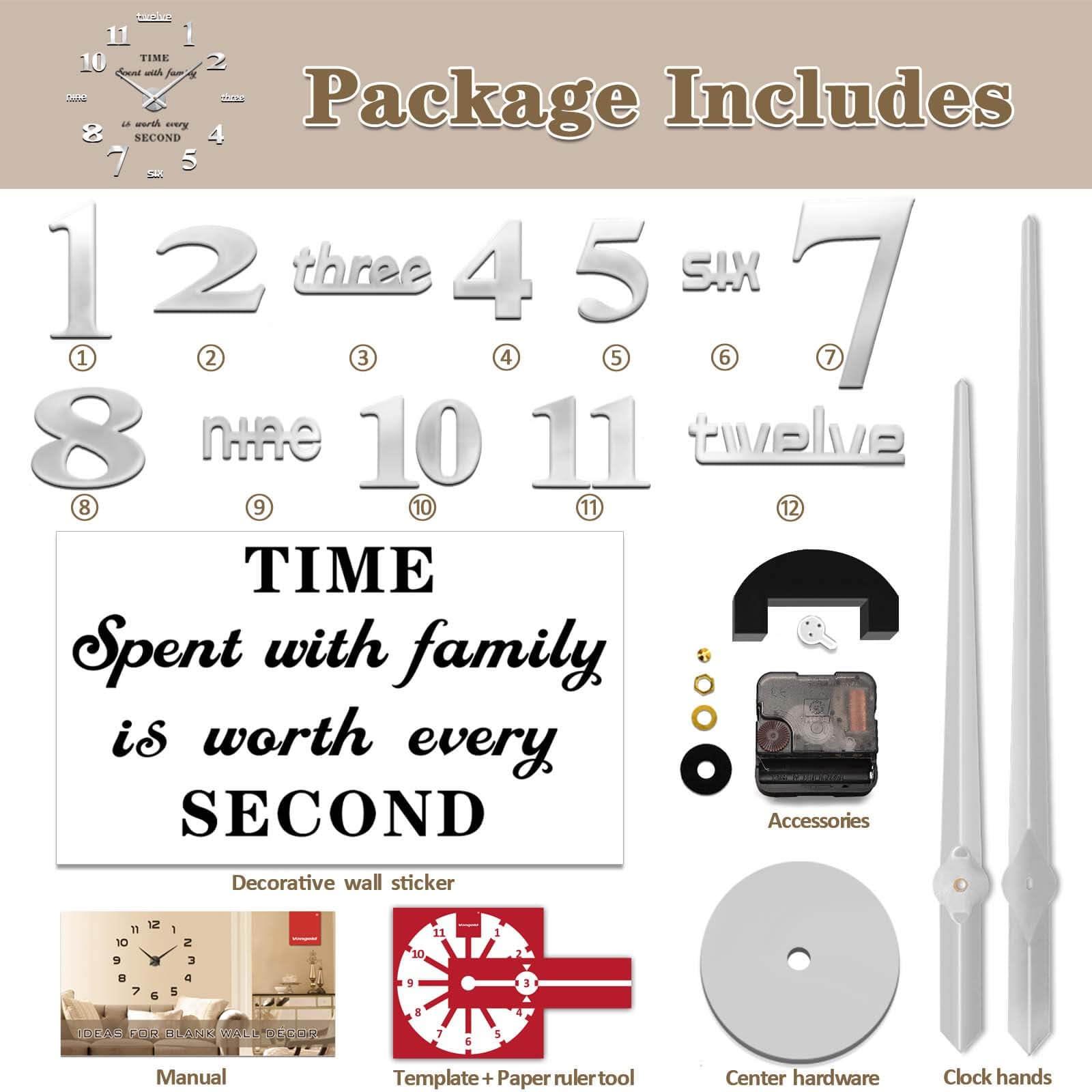 VANGOLD Large Wall Clocks for Living Room Decor, DIY Wall Clock Modern 3D Wall Clock with Mirror Numbers Stickers for Home Office Decorations Ideas (Black) - Image 6