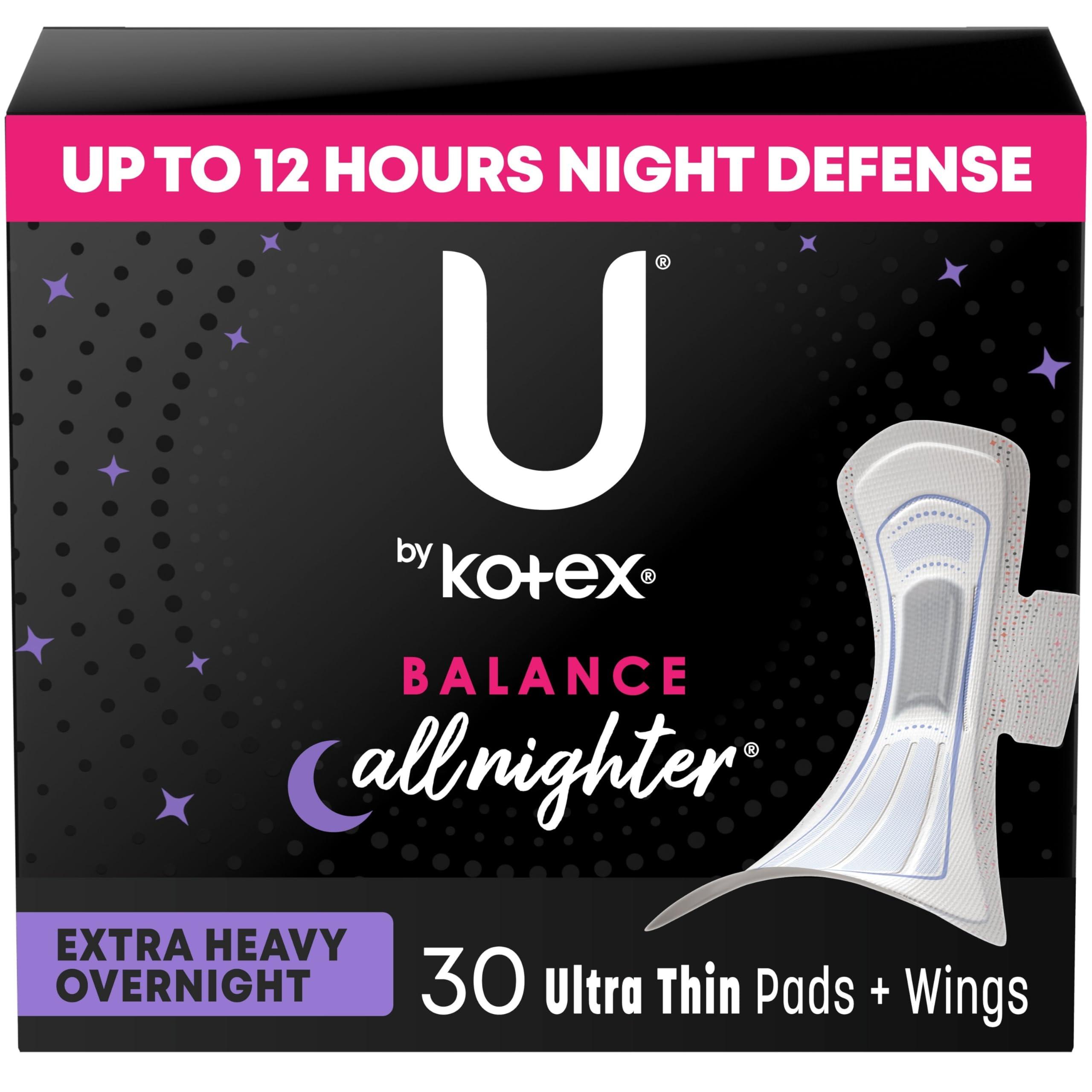U by Kotex Balance Pads with Wings, Ultra Thin, Overnight, Extra Heavy Absorbency, 30 Count (Packaging May Vary)