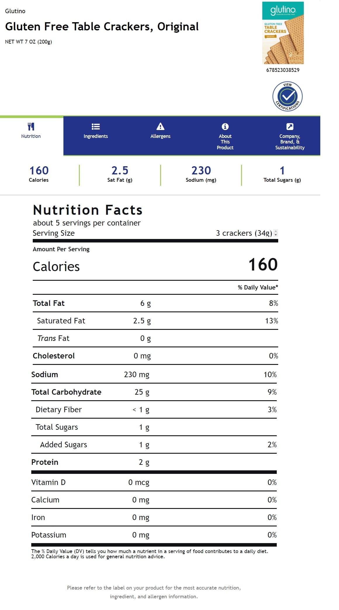 Glutino Gluten Free Table Crackers, Premium Squares, Original, 7 oz - Image 2