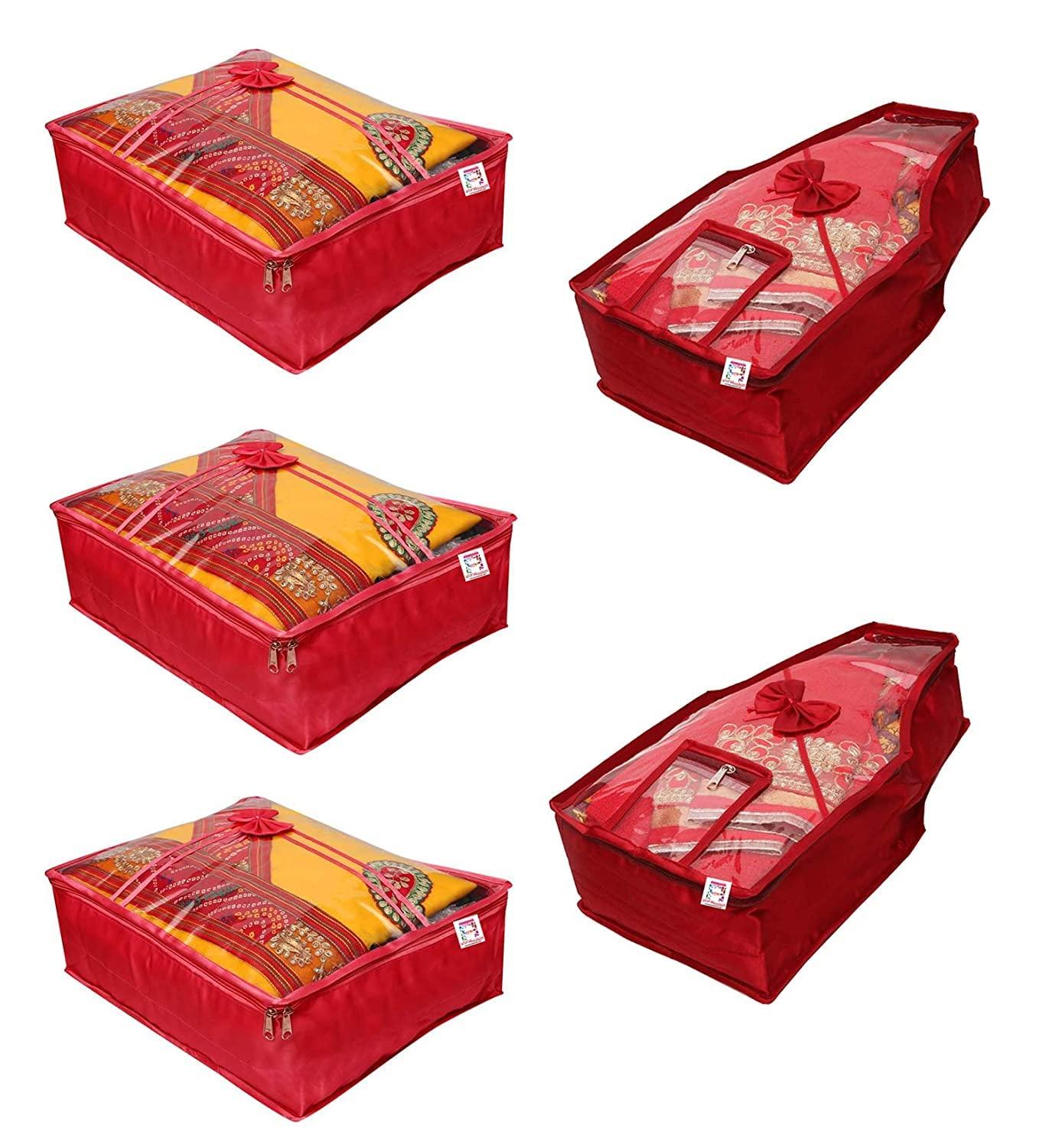 atorakushon Fabric Satin Saree and Blouse Covers Garments Clothes Storage Bag Wardrobe Organizers With Double Zip Lock & Transparent Window Set of 5 Maroon