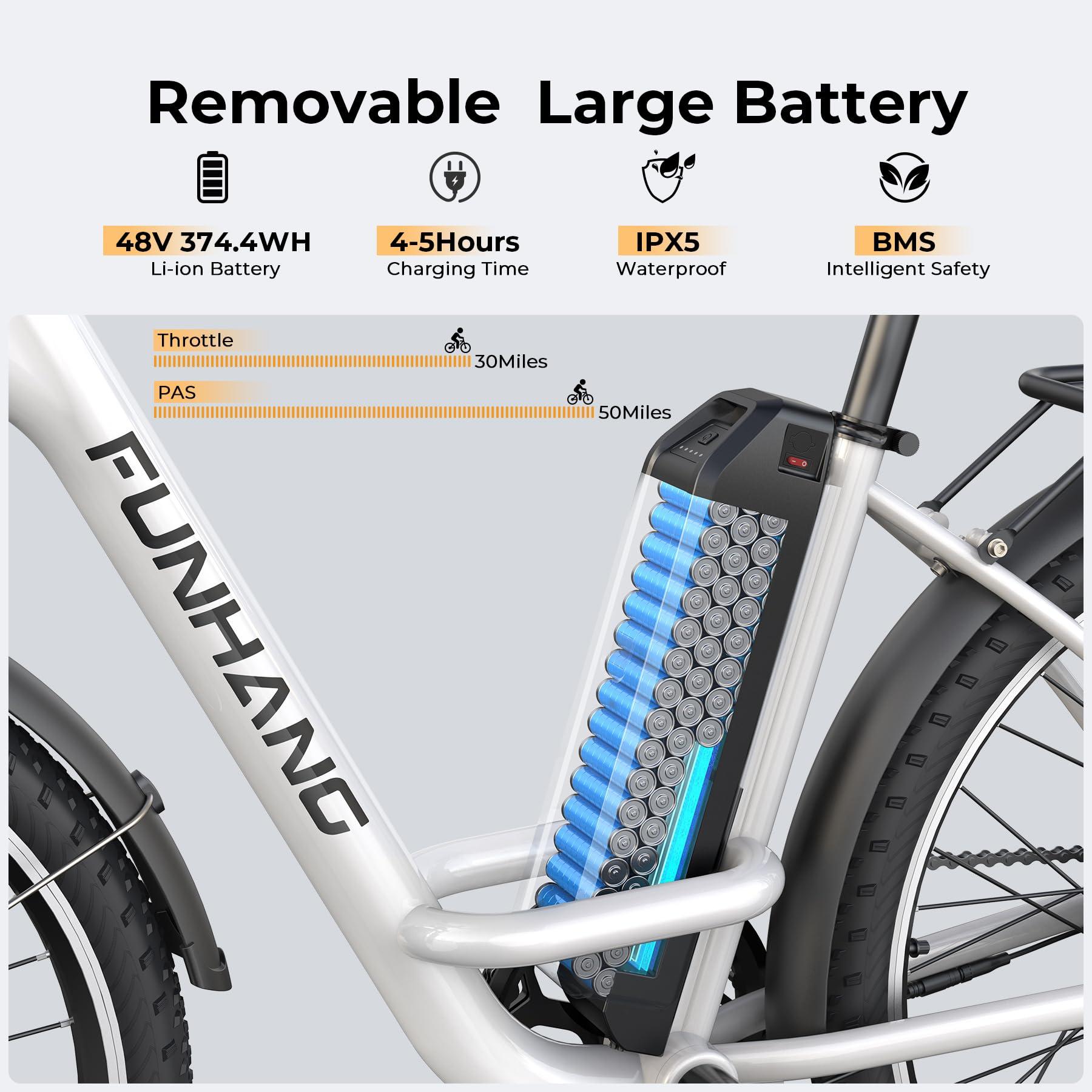 Funhang Electric Bike for Adults, 1000W Peak Ebike, 21.7MPH 50Miles City Cruiser Ebikes, 26" Step Thru Electric Bicycle with 48V Removable Battery, Adjustable Stem, Rear Rack, Front Suspension,7 Speed - Image 3