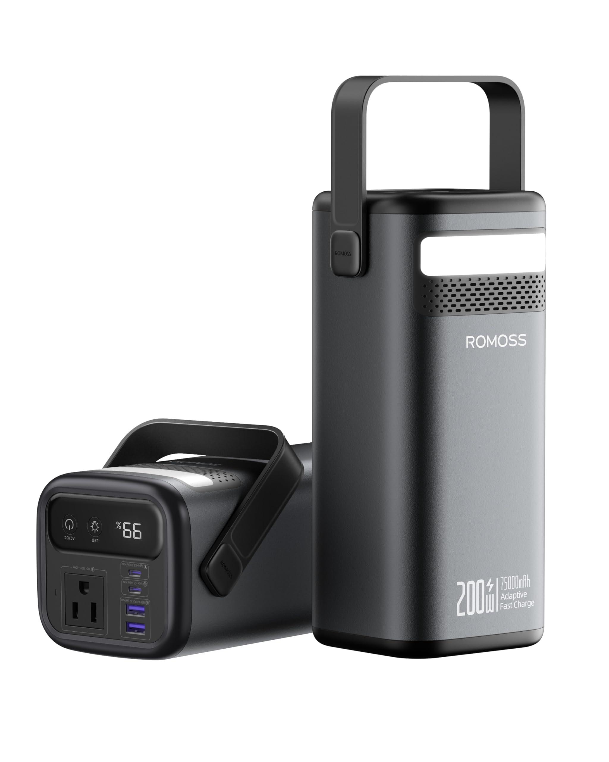 ROMOSS Power Bank Station 75,000mAh, 240Wh Outdoor Power Station, LiFePO4 Battery Pack, 200W AC Outlet, 100W USB-C in/out, Fast Charging, Smart Display and LED Light, for Outdoor Camping and Emergency