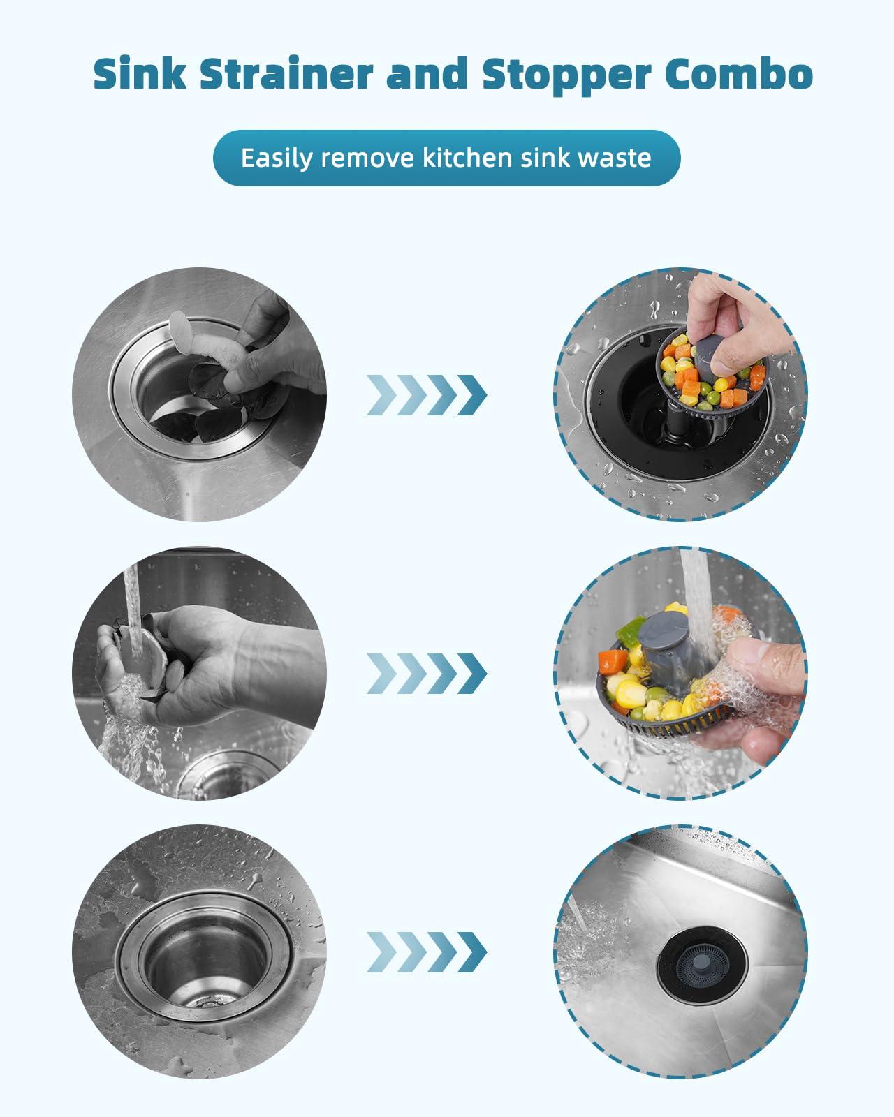 Hygie Rinse 3 in 1 Kitchen Sink Drain Strainer Stopper Combo, Matteblack Stainless Steel Shell Pop Up Sink Stopper for US Standard 3-1/2 inch Drain Filter, Anti-clog and Easy Clean - Image 4