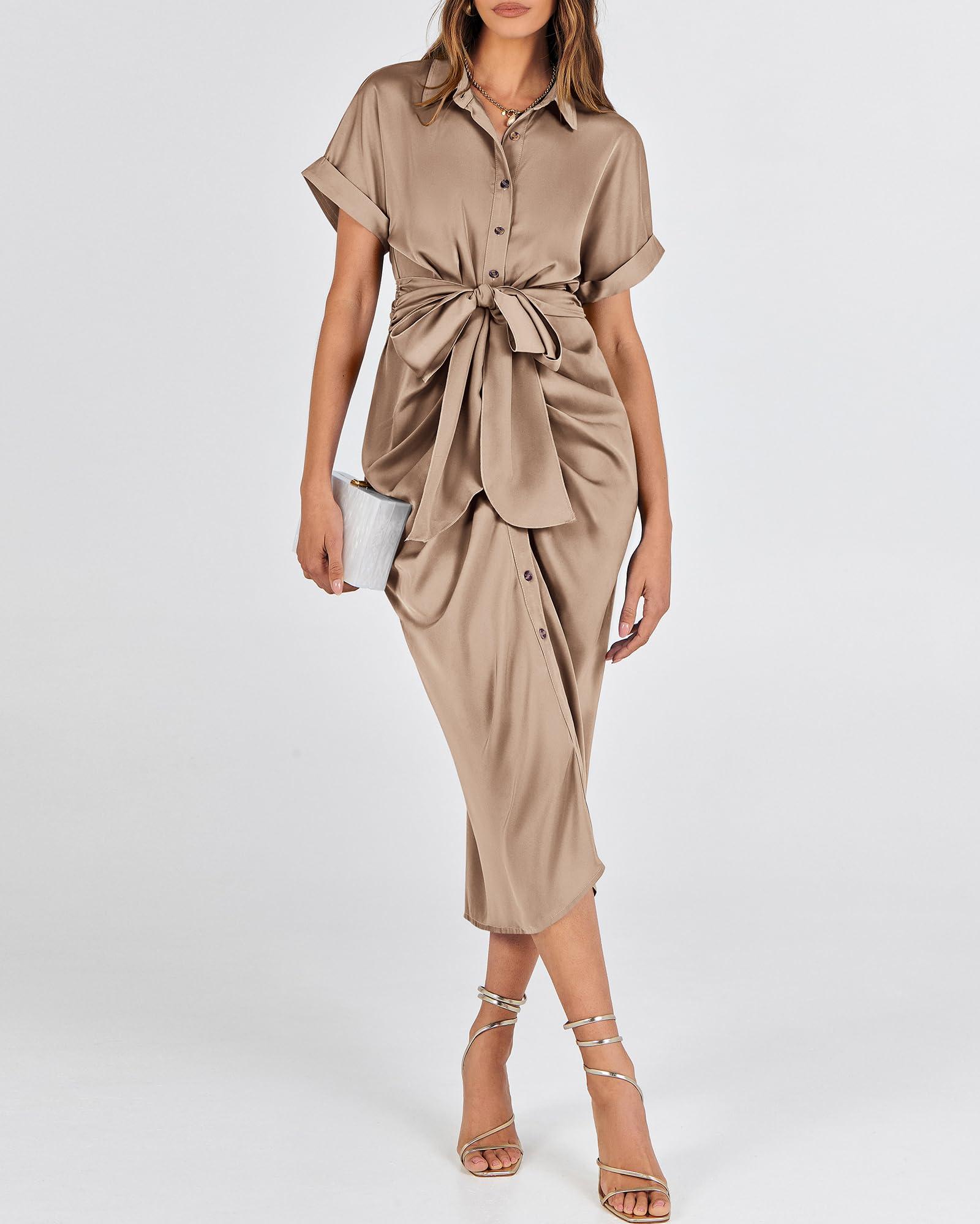 BTFBM Women Button Down Ruched Shirt Dresses Satin Short Sleeve Lapel V Neck Summer Maxi Dress 2025 Party Wedding Guest - Image 4