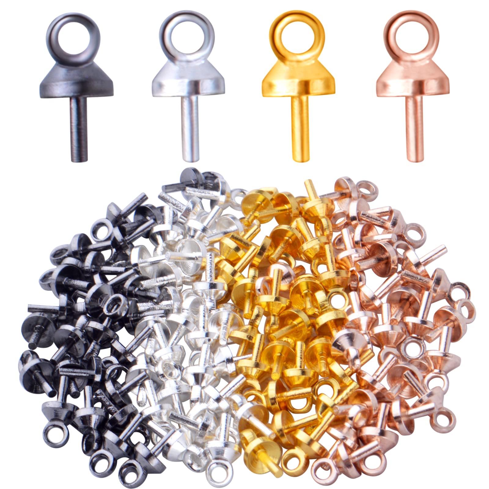 100pcs Stainless Steel Cup Eye Pins Cup Pearl Eye Pin Bail Peg Pendants Small Cup Pearl Bails for Half Drilled Beads Charms Jewelry Making, 4 Colors, 7.5mm*3.8mm, Pin: 0.9mm