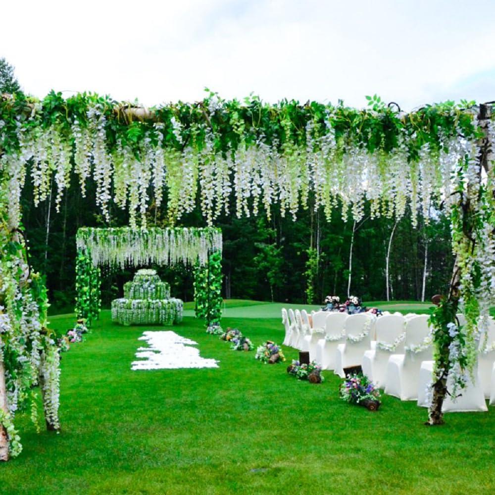 WEISPARK Fake Hanging Flowers - 12 Pieces 3.75 Feet/Piece Artificial Wisteria Vine Ratta Hanging Garland Silk Flowers for Home Party Wedding Decor (White) - Image 5