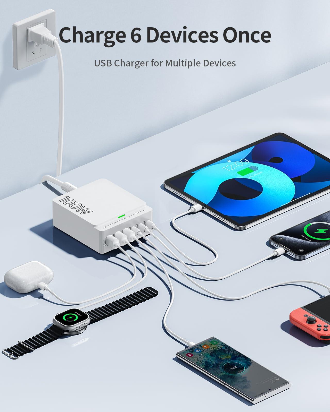 USB C Charger Block Charging Station: 100W 6 Port GaN Fast Charging Brick Hub Cube Box - PD 3.0 Type C & USB A Wall Charger Power Adapter for iPhone 16 Pro Max iPad Samsung Android Pixel - Image 2
