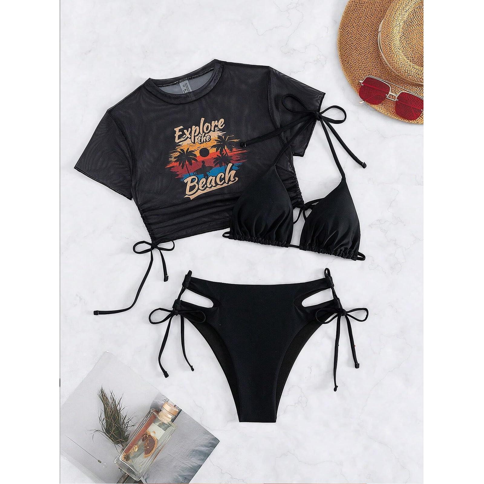 Sexybody Women's 3 Piece Swimsuit Halter String Bikini Tie Side Mesh Short Sleeve Bathing Suits - Image 5