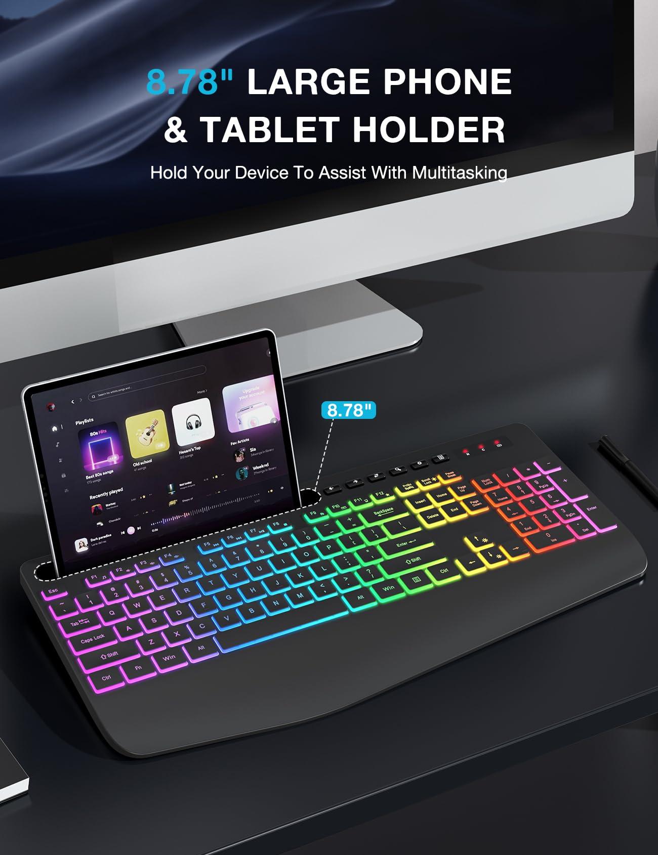 Wireless Keyboard with 8 Colored, 9 Effects Backlits, Wrist Rest, Phone Holder, Rechargeable Ergonomic Computer Keyboard with Silent Keys, 2.4G Lag-Free Cordless Set for PC, Laptop, Windows, MacBook - Image 4