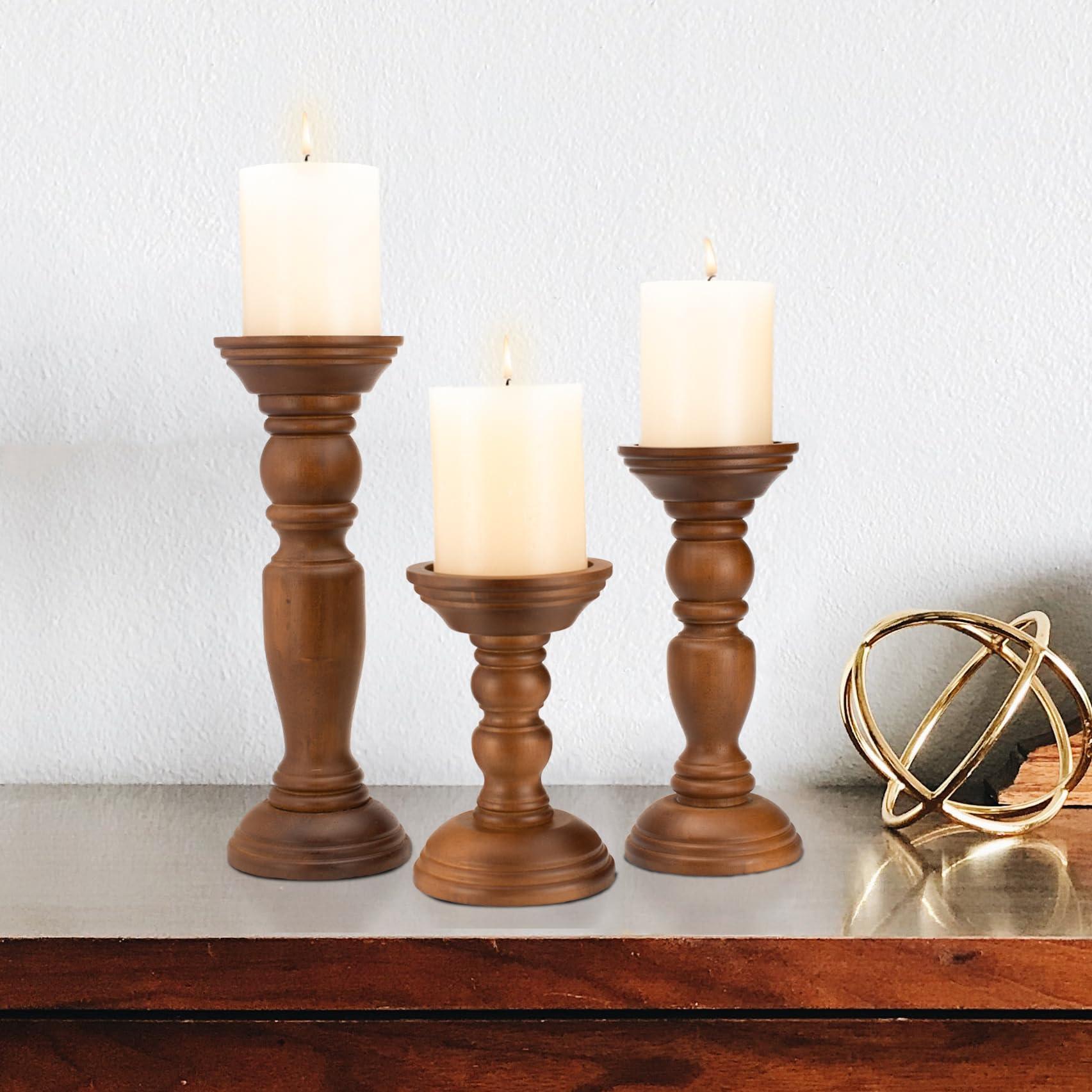 Rustic Wooden Pillar Candle Holders Set of 3, 12'' 9'' 6'' Farmhouse Wood Candle Stand for Table Centerpieces, Vintage Tall Candleholders Fireplace Mantel Decor for Living Room, Brown - Image 6