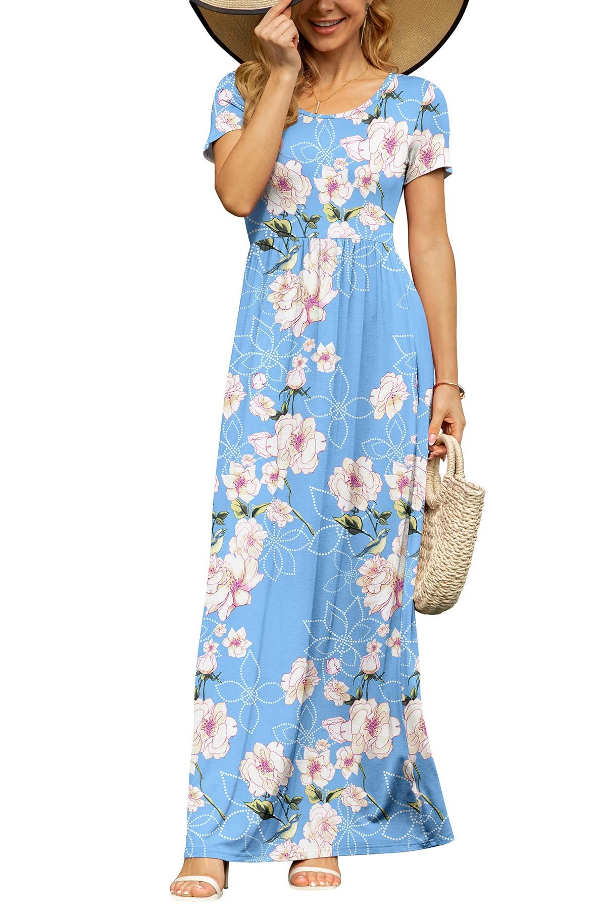 DB MOON Women's Short Sleeve Maxi Dresses Casual Empire Waist Long Dress with Pockets