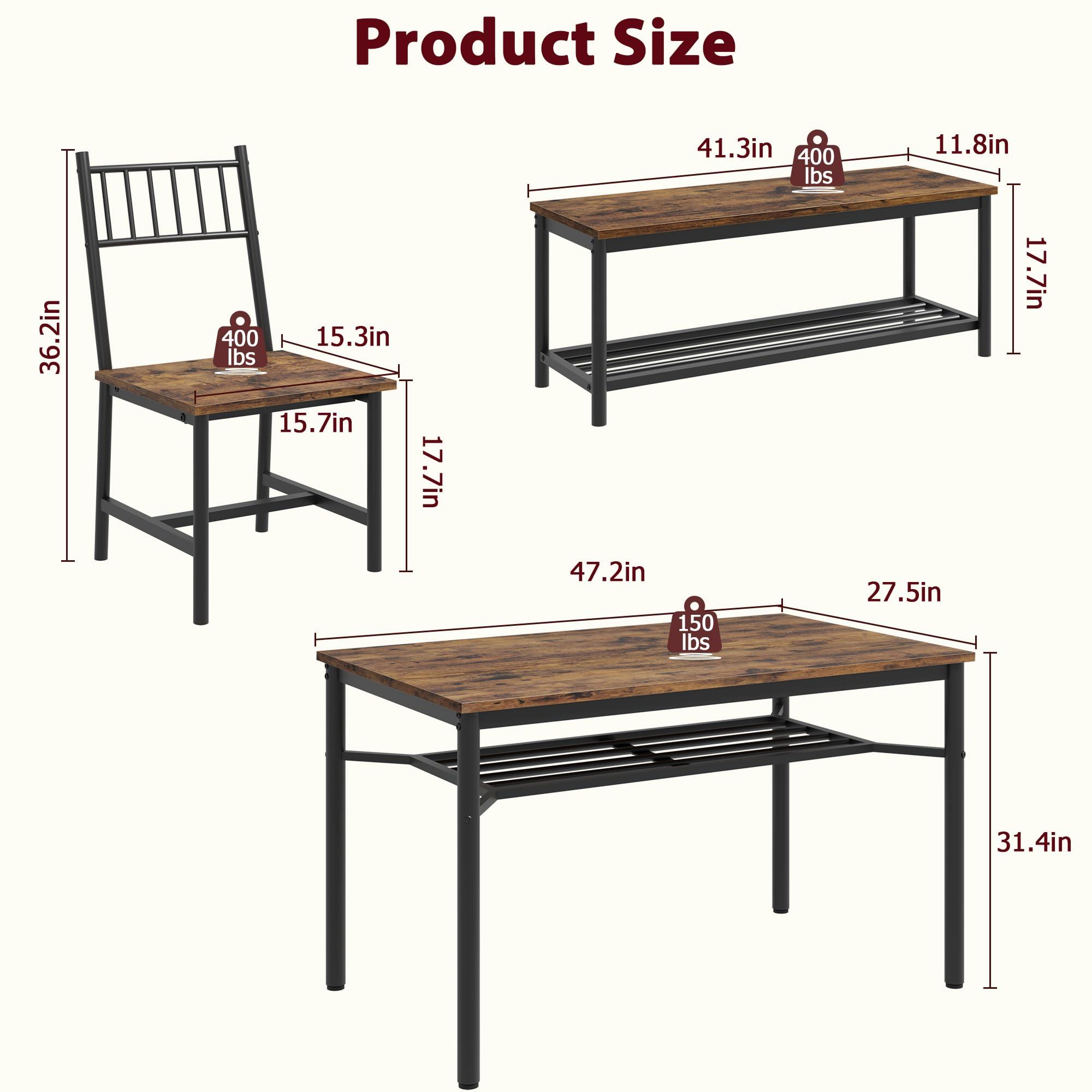 Fancihabor Dining Table Set for 4, Kitchen Table and Chairs for 4 with Wine Rack, Rectangular Dining Room Table Set with Bench, 4 Piece Dining Table Set for Small Space, Apartment, Retro Brown - Image 2