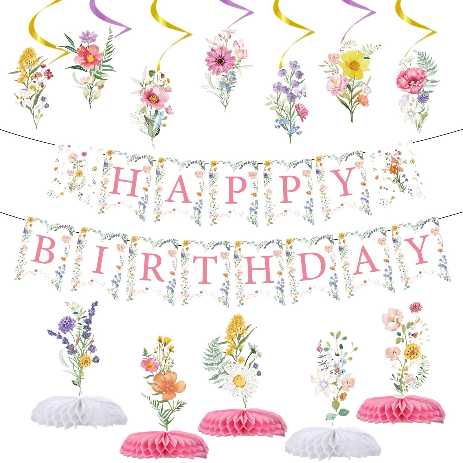 Rngmsi Flower Birthday Decorations for Girls Women, 14PCS Wildflower Floral Happy Birthday Banners Hanging Swirls and Honeycomb Centerpieces Decor Supplies