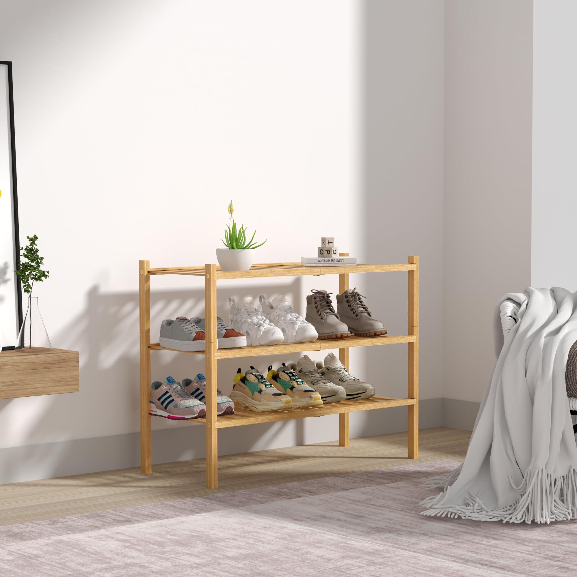 ROMGUAR CRAFT 3 Tier Bamboo Shoe Rack for Closet Free Standing Wood Shoe Shelf Storage Organizer for Entryway Small Space Stackable 27"x11"x20" (Natural) - Image 7